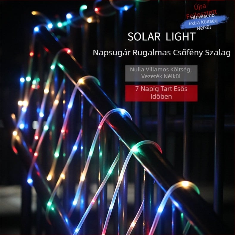 Napelemes csőfényfüzér LED színes fény vízálló színes bőrfüzér fény udvari hangulatvilágítás dekoratív kültéri fényfüzér