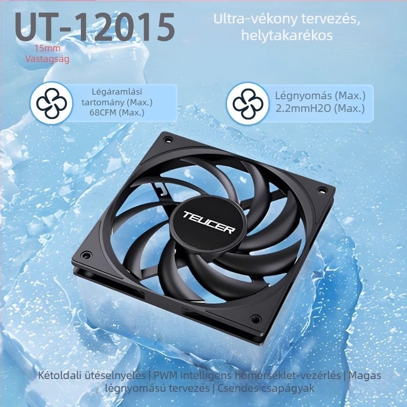 Teucer 12015 vékony ventilátor asztali számítógép házventilátor fekete 15 mm vastag hőmérséklet-szabályozás csendes CPU radiátor