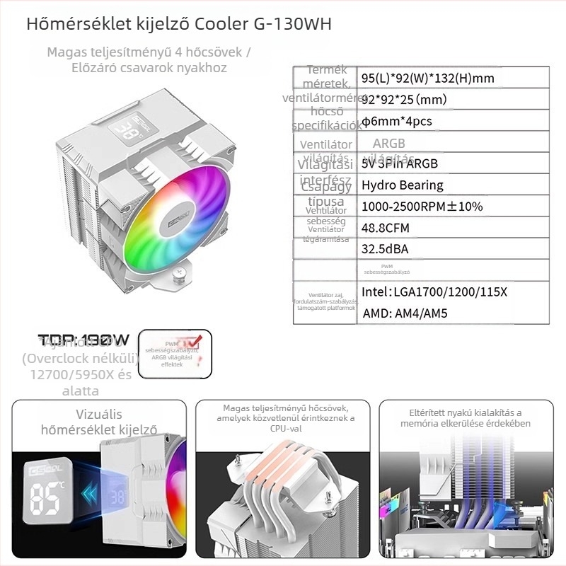 Határokon átnyúló Argb hőmérséklet-szabályozás Csendes ventilátor Asztali gazdagép CPU hőmérséklet digitális kijelző Léghűtéses radiátor