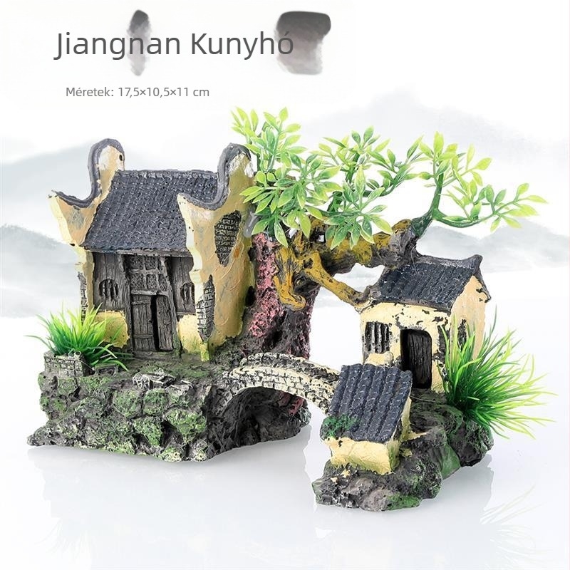 Akvárium dekoráció akvárium tereprendezés gyanta kézműves ház sziklakert díszek jiangnan faház vízi falu yunhe épület
