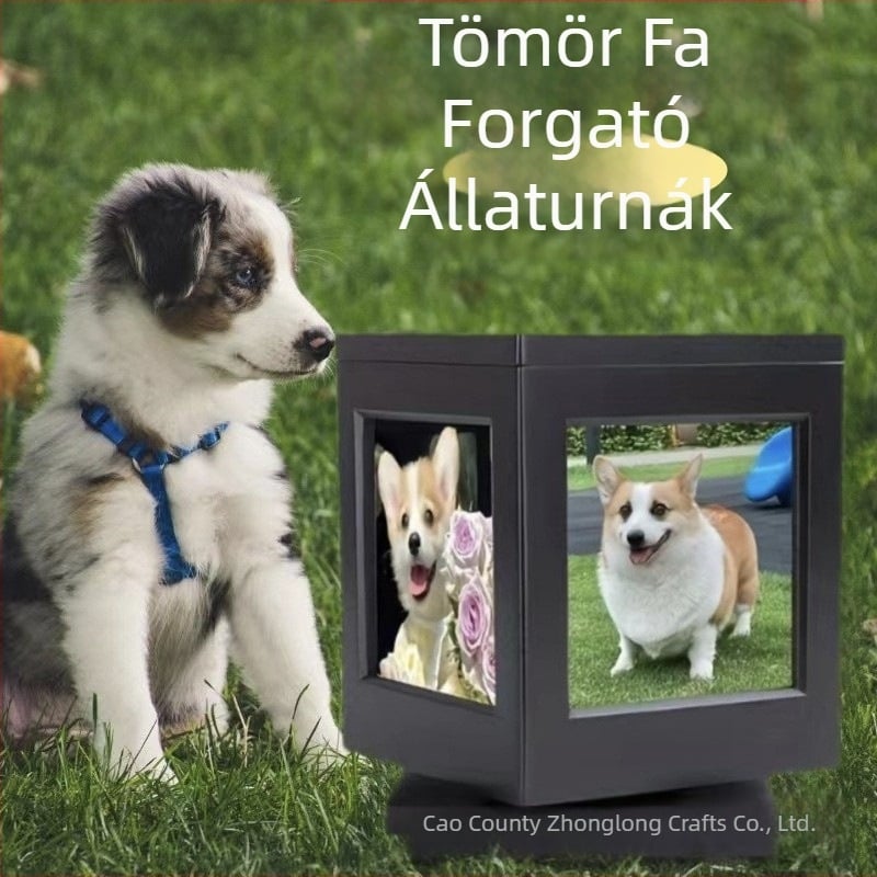 Fa urna forgatható talppal, képkerettel, kutya koporsó, macska emlékére, hamvasztó doboz