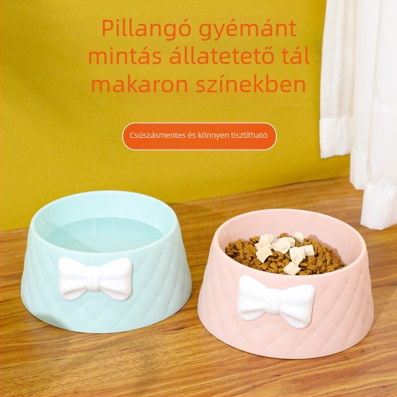 Gyári új, mélyített, szivárgásmentes macskáknak szánt Yan Value tál, INS stílusú, masnis, rombuszmintás, úti macskatál