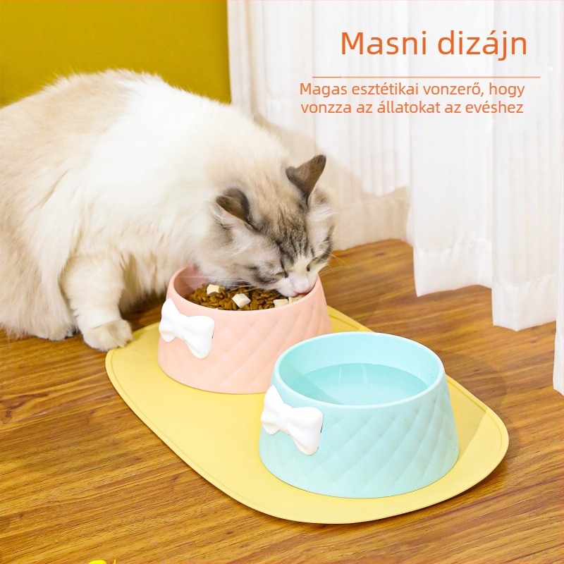 Gyári új, mélyített, szivárgásmentes macskáknak szánt Yan Value tál, INS stílusú, masnis, rombuszmintás, úti macskatál
