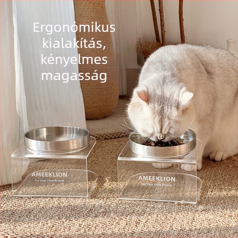 Rozsdamentes acél macskatál, magas talpú akril, megemelt állvány, védi a nyaki gerincet, kutyatál, nagy átmérőjű kutyatál, itatótál kisállatoknak, etetőtál
