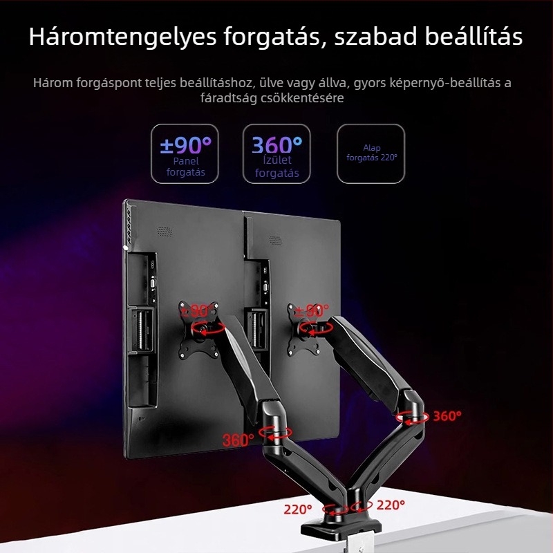 Kétképernyős monitorállvány, számítógép képernyőjének emelőállvány, asztali kijelző, ütésmentes, teleszkópos forgatás