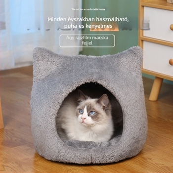 Új, négy évszakos univerzális, rajzfilm stílusú macskafészek, félig zárt, kistestű kutyáknak való macskaház, kristálybársonyból készült kisállat-kellékek