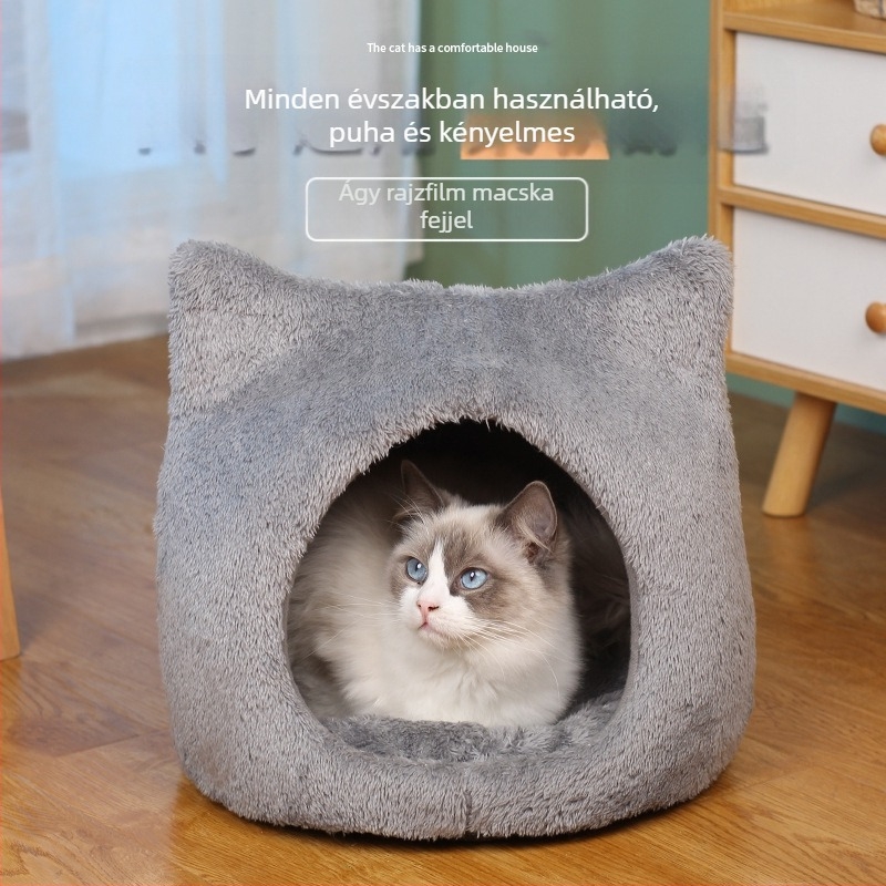 Új, négy évszakos univerzális, rajzfilm stílusú macskafészek, félig zárt, kistestű kutyáknak való macskaház, kristálybársonyból készült kisállat-kellékek