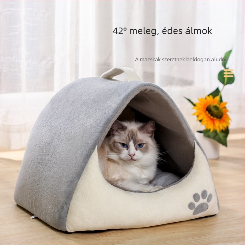 Új, négy évszakos univerzális, rajzfilm stílusú macskafészek, félig zárt, kistestű kutyáknak való macskaház, kristálybársonyból készült kisállat-kellékek