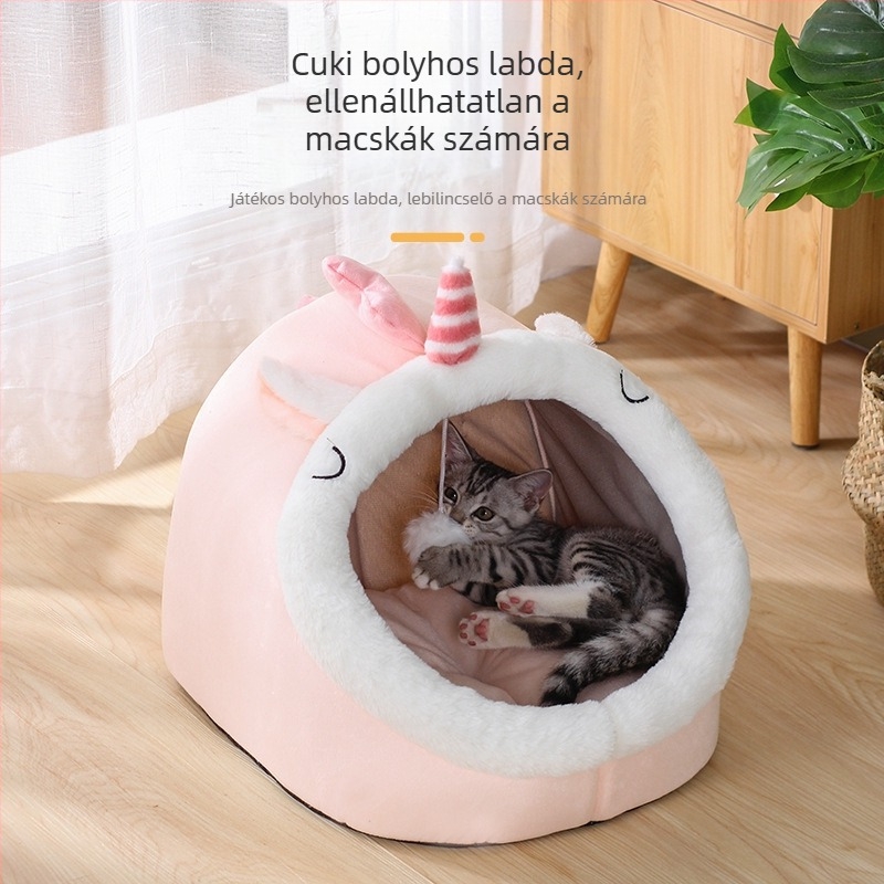 Új, négy évszakos univerzális, rajzfilm stílusú macskafészek, félig zárt, kistestű kutyáknak való macskaház, kristálybársonyból készült kisállat-kellékek
