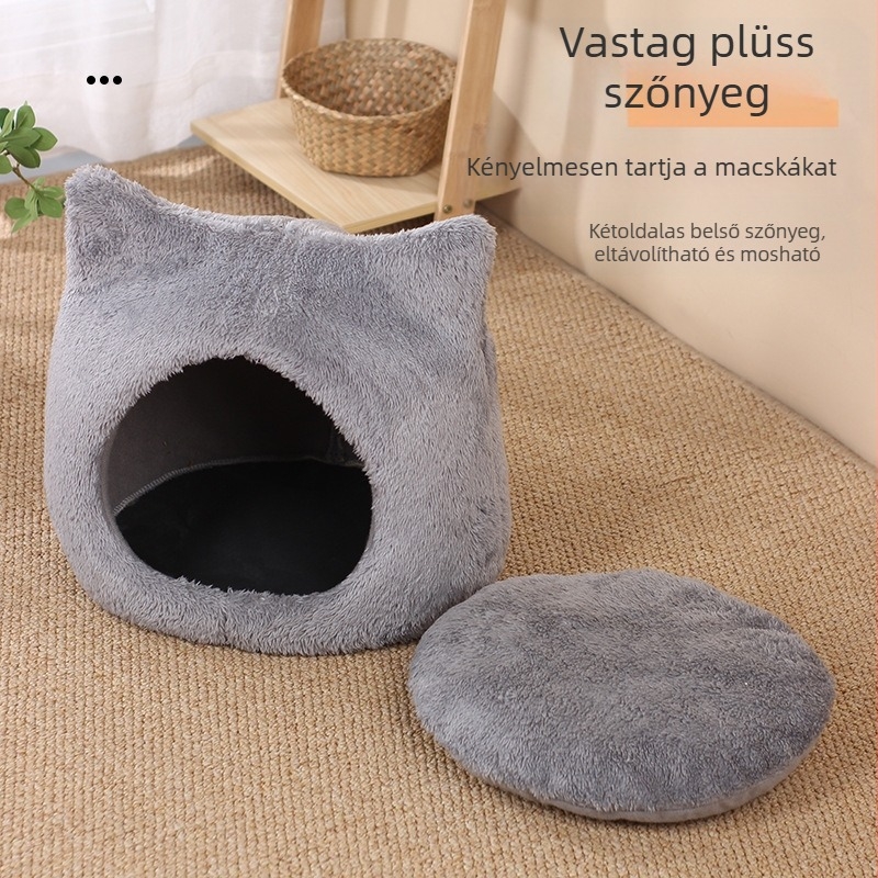 Új, négy évszakos univerzális, rajzfilm stílusú macskafészek, félig zárt, kistestű kutyáknak való macskaház, kristálybársonyból készült kisállat-kellékek