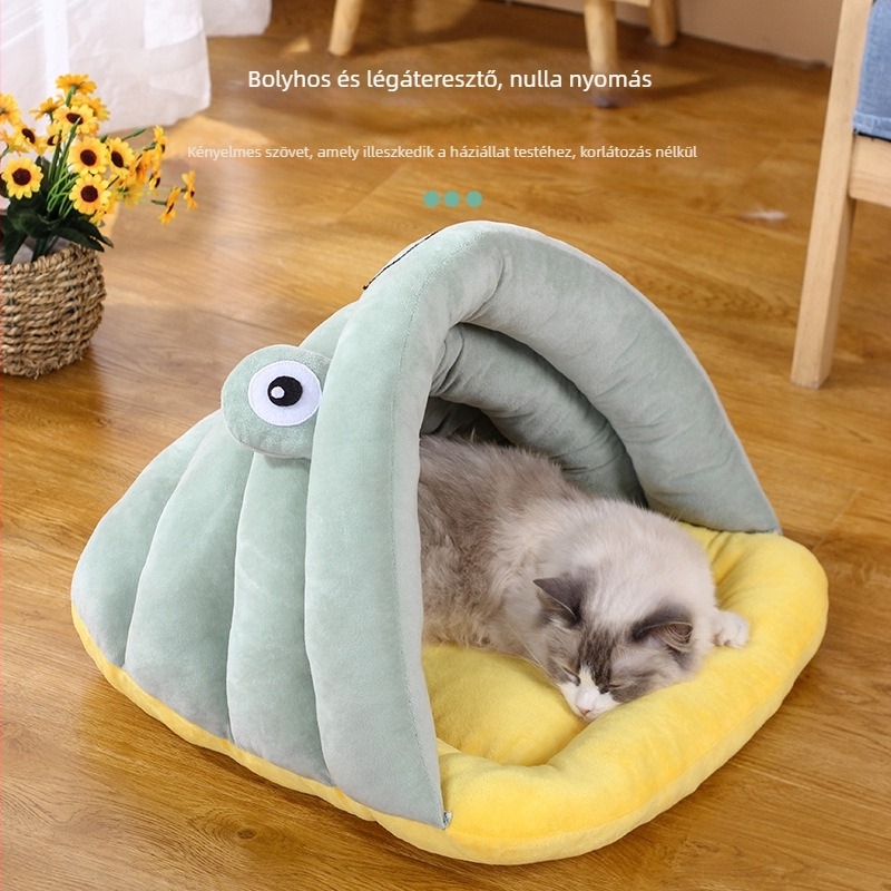 Új, négy évszakos univerzális, rajzfilm stílusú macskafészek, félig zárt, kistestű kutyáknak való macskaház, kristálybársonyból készült kisállat-kellékek