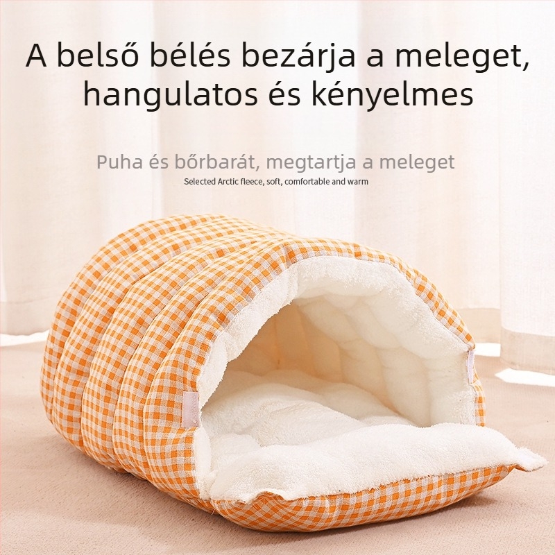 A macskafészek télen meleg, zárt és biztonságos, macska- és kutyafekhely, hálófészek, hálózsák, paplan, téli ereklye kisállatnak