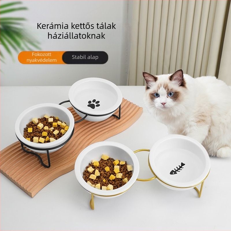 Kerámia macskatál, magas lábú nyakvédelem, dupla tál, rögzítőkeret, felborulásgátló, macska- és kutyaeledel-tál, dönthető itató, állatkellékek