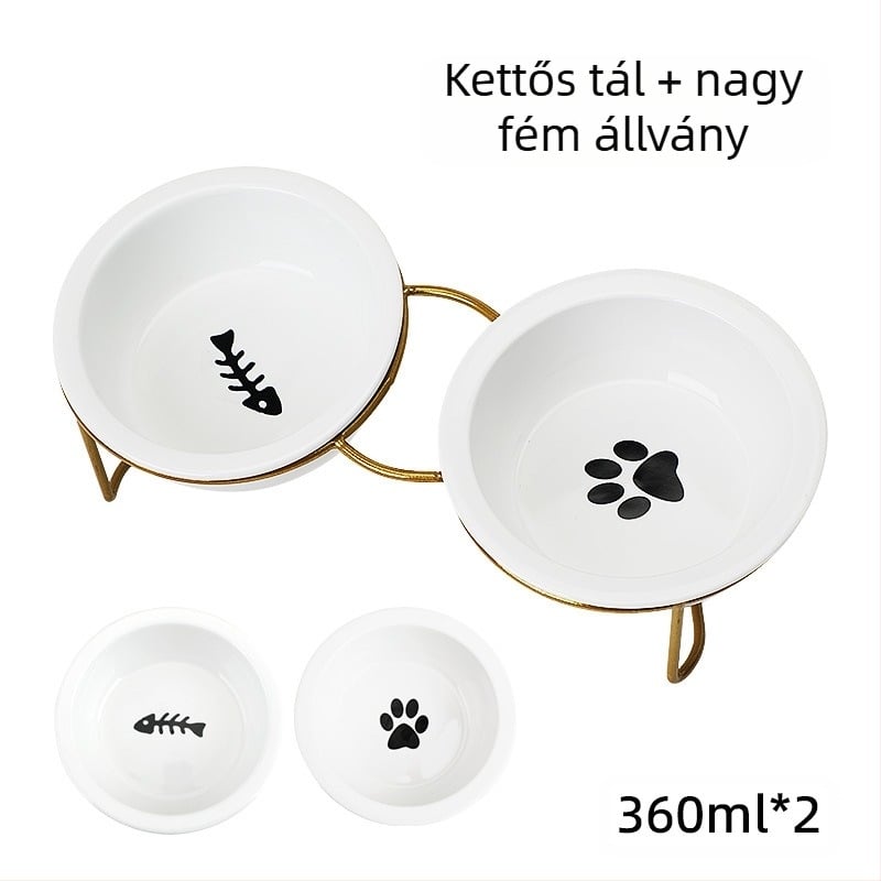 Kerámia macskatál, magas lábú nyakvédelem, dupla tál, rögzítőkeret, felborulásgátló, macska- és kutyaeledel-tál, dönthető itató, állatkellékek