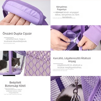 Kisállat válltáska, négyoldalas, lélegző hálós, kényelmes macskatáska, beépített biztonsági kötéllel, menekülő macskatáska