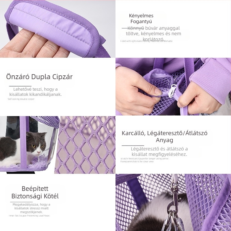Kisállat válltáska, négyoldalas, lélegző hálós, kényelmes macskatáska, beépített biztonsági kötéllel, menekülő macskatáska