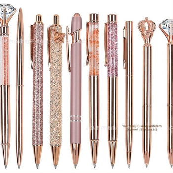 10 darabos strasszos golyóstoll készlet vicces toll rozéarany rózsaszín lila zöld lányos kerek gyöngyök