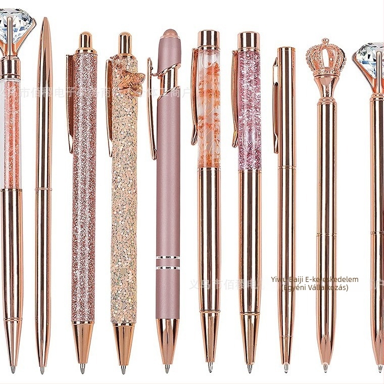 10 darabos strasszos golyóstoll készlet vicces toll rozéarany rózsaszín lila zöld lányos kerek gyöngyök