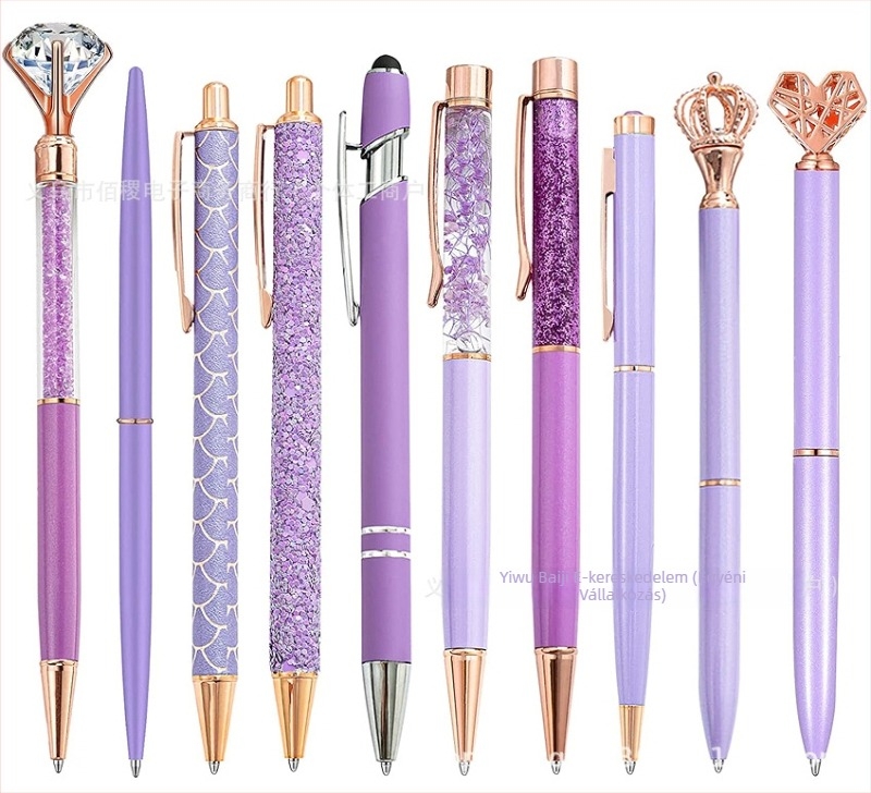 10 darabos strasszos golyóstoll készlet vicces toll rozéarany rózsaszín lila zöld lányos kerek gyöngyök