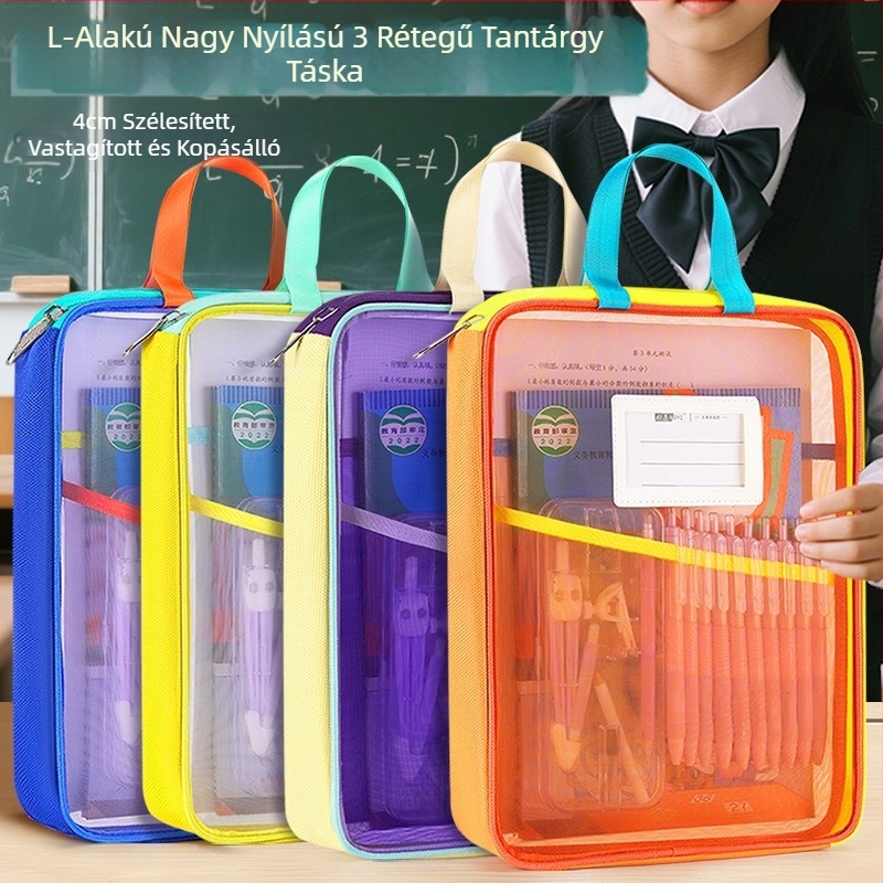 Tang Qianyi A4-es irattartó, L alakú, átlátszó irattartó, nagy nyílású, oktatóanyaggal ellátott, hordozható diákkönyv- és tantárgyosztályozó táska