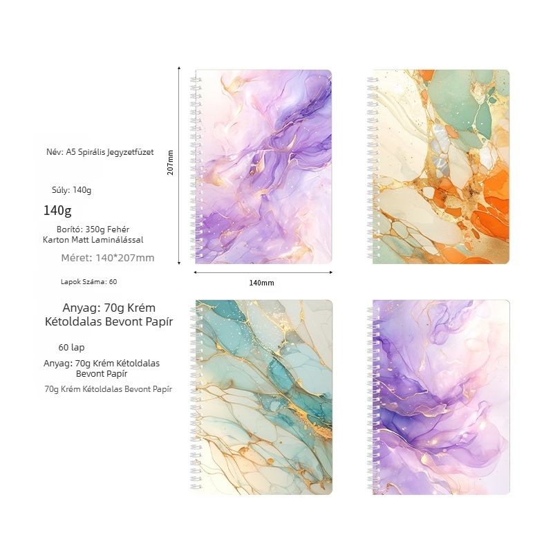 Határokon átnyúló tekercses könyv 4 márványmintás könyv magas színértékű szélkönyv vízszintes vonalas jegyzetfüzet