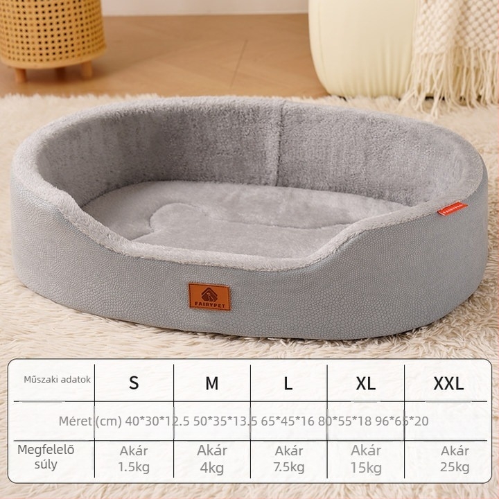 Négy évszakos univerzális licsi bőr csónakfészek megemelt fészekkörnyezettel, nagy kutyakennel, kutyafekhely belső párnával, levehető és könnyen kezelhető kisállatfészek