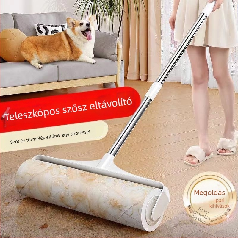 Nagy szöszhenger hosszú nyéllel a szőr eltávolításához ágyakról és padlókról, portisztító hengerkefe