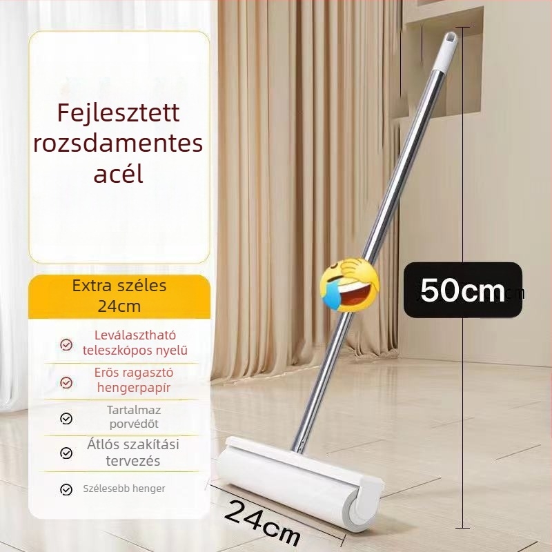 Nagy szöszhenger hosszú nyéllel a szőr eltávolításához ágyakról és padlókról, portisztító hengerkefe