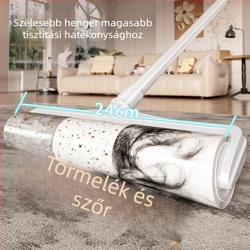 Nagy szöszhenger hosszú nyéllel a szőr eltávolításához ágyakról és padlókról, portisztító hengerkefe