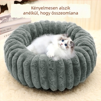 Nagyméretű kisállat-fekhely egyenes csíkos nyúlszőr plüss kisállatszőnyeggel, kerek, vastagított macskafekhely, téli nagyméretű kutyafekhely kisállat-kellékek
