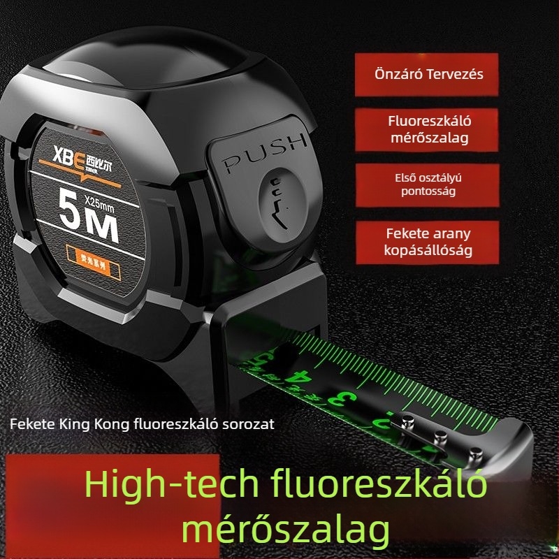 Fekete technológiájú fluoreszkáló vonalzó importált mérőszalaggal, 5 méter széles, 7,5 méter 10 méter vastag, kopásálló dobozvonalzó, nagy pontosságú