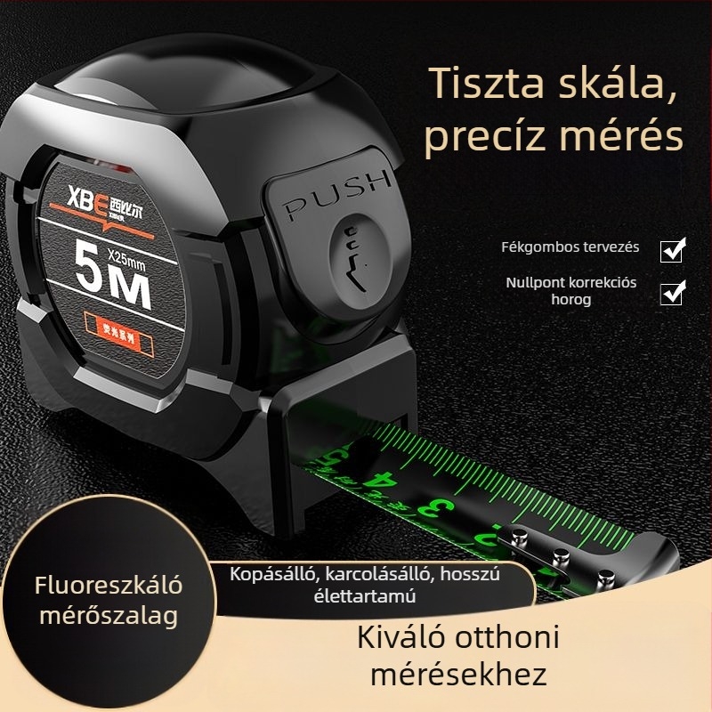 Fekete technológiájú fluoreszkáló vonalzó importált mérőszalaggal, 5 méter széles, 7,5 méter 10 méter vastag, kopásálló dobozvonalzó, nagy pontosságú