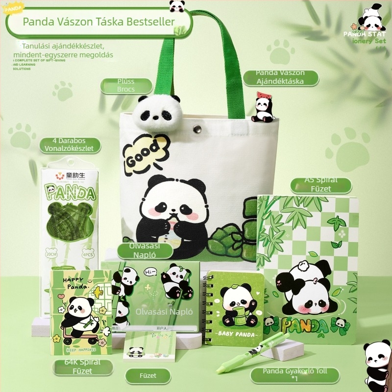 Aranyos panda vászontáska írószerkészlet Praktikus ajándék az iskolába lépéshez általános iskolásoknak Elegáns óvodai ajándéktárgy