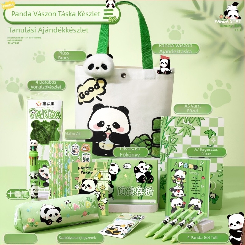 Aranyos panda vászontáska írószerkészlet Praktikus ajándék az iskolába lépéshez általános iskolásoknak Elegáns óvodai ajándéktárgy