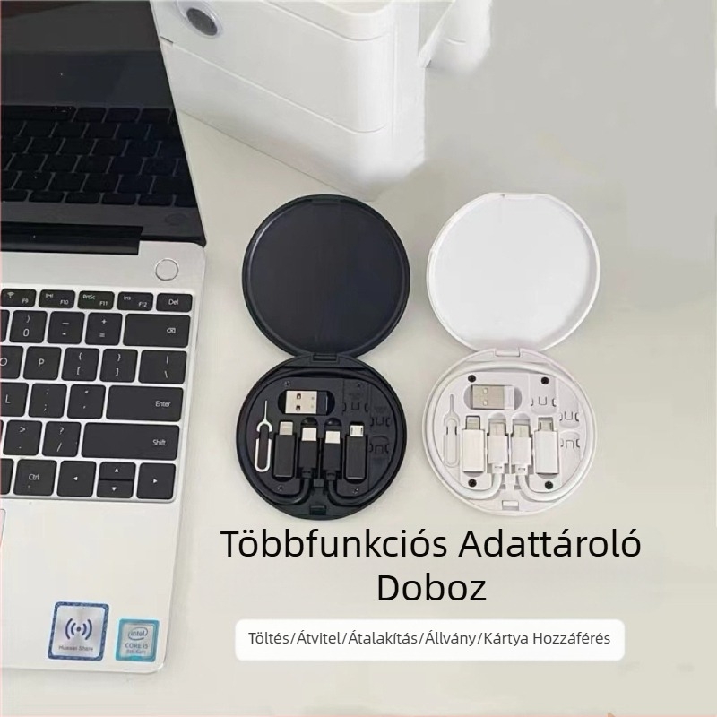 Határokon átnyúló hordozható, többfunkciós adattároló doboz, 60 W-os egy-három töltőkábel, behúzható adapterkártya-tűkészlettel