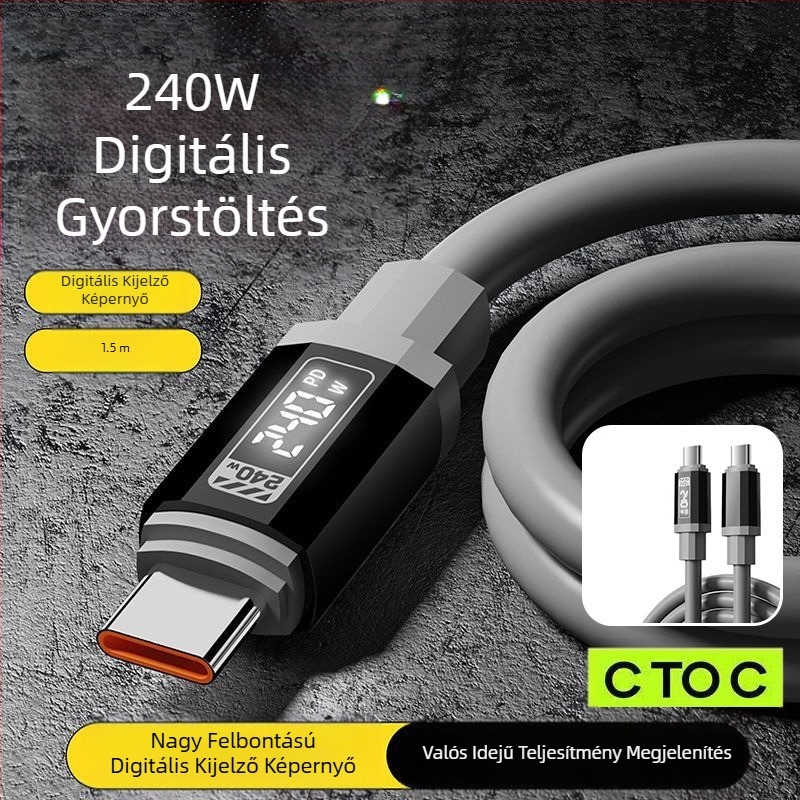 Okos LED digitális kijelzős szilikon adatkábel dobozos PD240W gyors töltő mobiltelefon-kábel, Apple 15/16-hoz, Type-C készülékhez