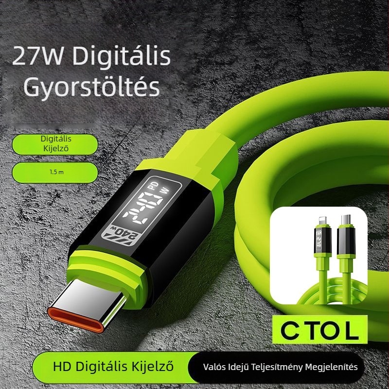 Okos LED digitális kijelzős szilikon adatkábel dobozos PD240W gyors töltő mobiltelefon-kábel, Apple 15/16-hoz, Type-C készülékhez