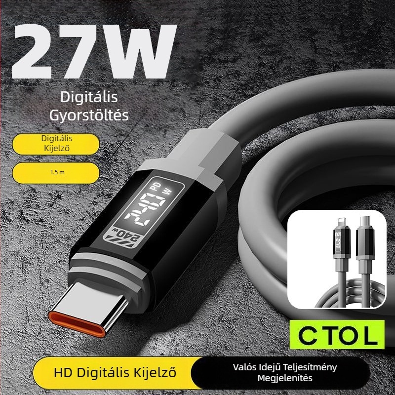 Okos LED digitális kijelzős szilikon adatkábel dobozos PD240W gyors töltő mobiltelefon-kábel, Apple 15/16-hoz, Type-C készülékhez