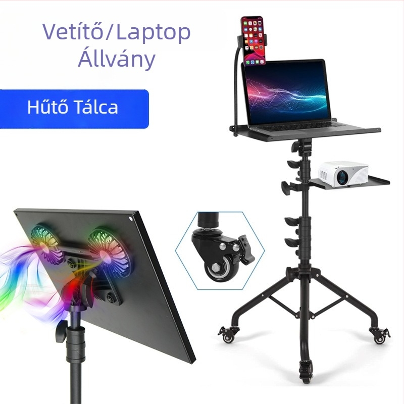 Laptop állvány, álló, mobil háromlábú állvány kerekekkel, mobil univerzális görgős projektor állvány