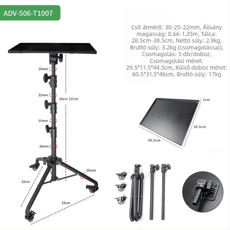 Laptop állvány, álló, mobil háromlábú állvány kerekekkel, mobil univerzális görgős projektor állvány