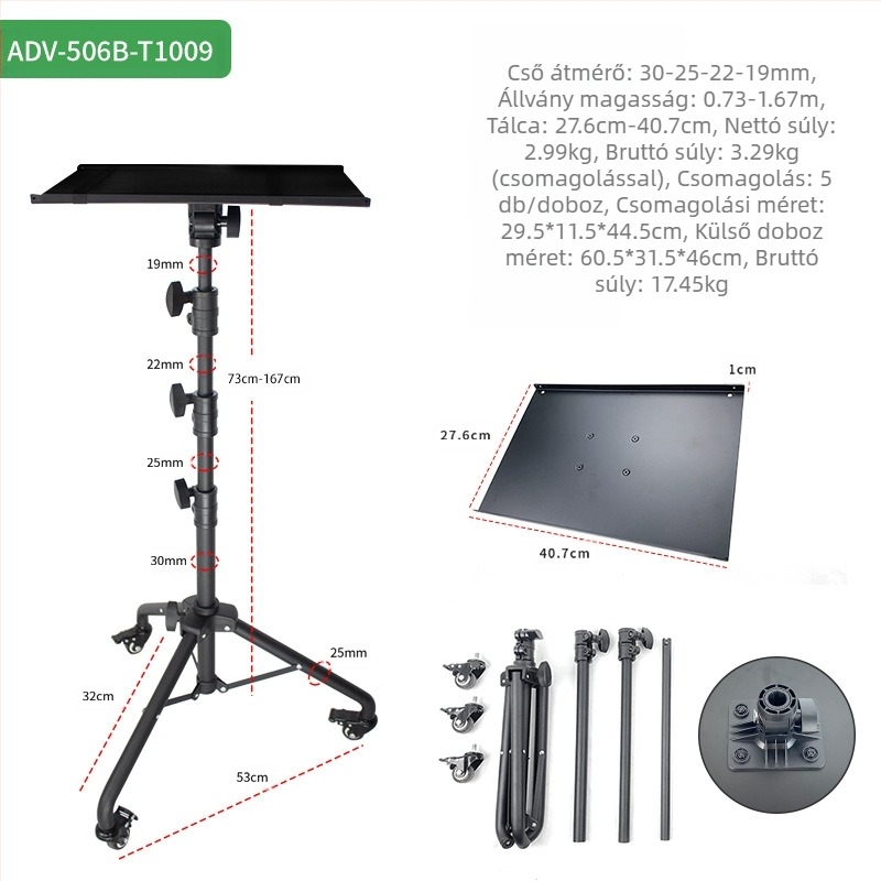 Laptop állvány, álló, mobil háromlábú állvány kerekekkel, mobil univerzális görgős projektor állvány