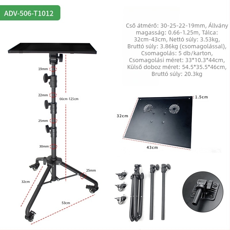 Laptop állvány, álló, mobil háromlábú állvány kerekekkel, mobil univerzális görgős projektor állvány