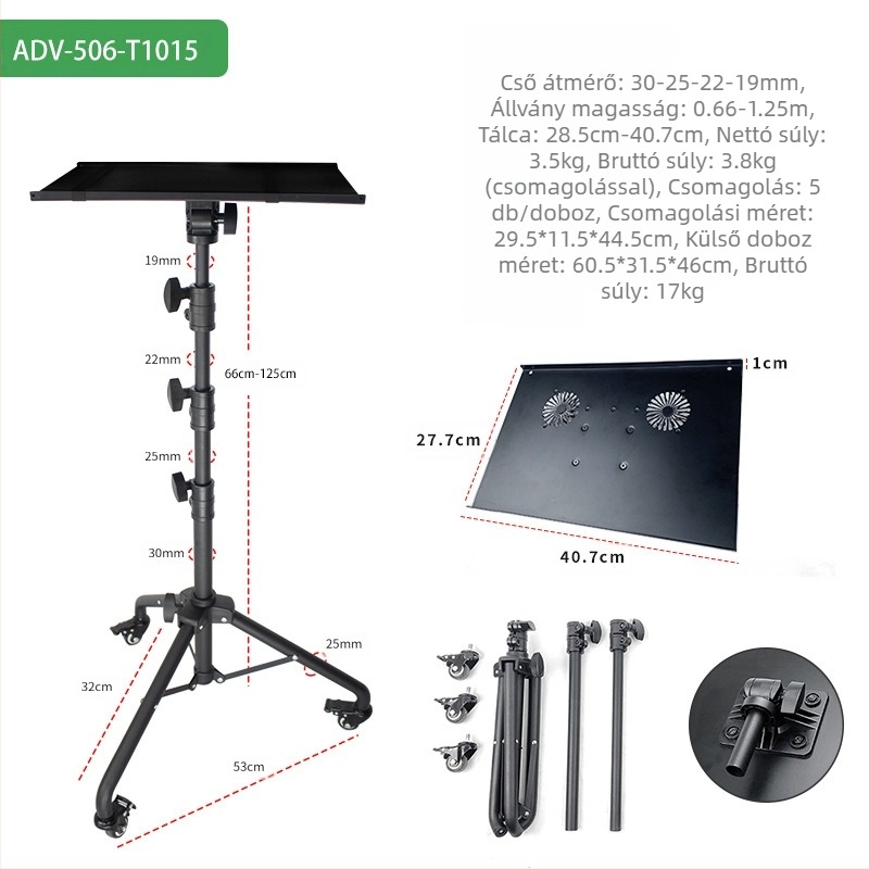 Laptop állvány, álló, mobil háromlábú állvány kerekekkel, mobil univerzális görgős projektor állvány
