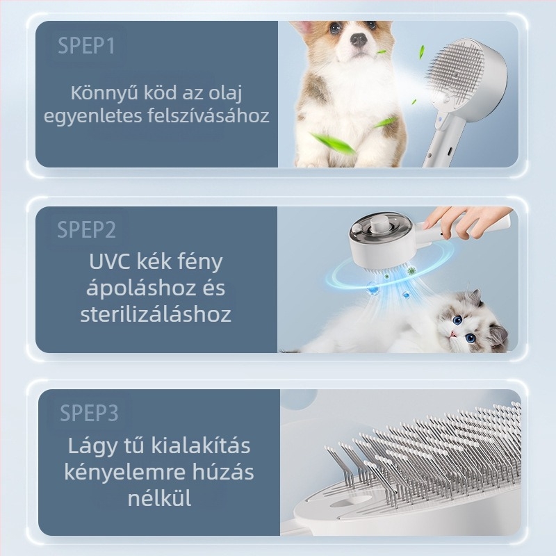 Kutya spray masszázsfésű macska egyérintéses szőrtelenítő fésű macskafésű macskaszőr UV sterilizálás és atka eltávolítás