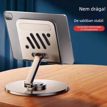 Mobiltelefontartó szénacélból, lapos, univerzális, magasító állvány, 360 fokban forgatható, összecsukható, emelhető asztali polc