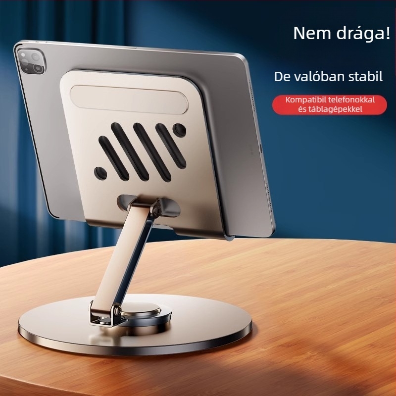 Mobiltelefontartó szénacélból, lapos, univerzális, magasító állvány, 360 fokban forgatható, összecsukható, emelhető asztali polc