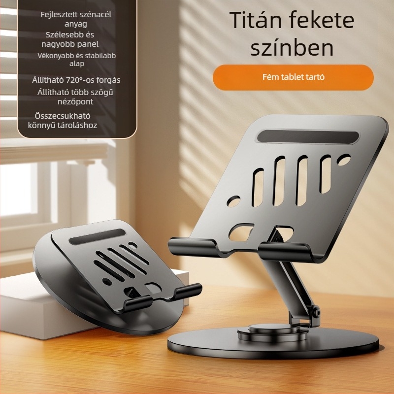 Mobiltelefontartó szénacélból, lapos, univerzális, magasító állvány, 360 fokban forgatható, összecsukható, emelhető asztali polc