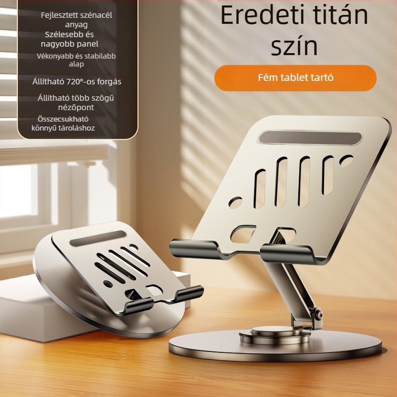 Mobiltelefontartó szénacélból, lapos, univerzális, magasító állvány, 360 fokban forgatható, összecsukható, emelhető asztali polc