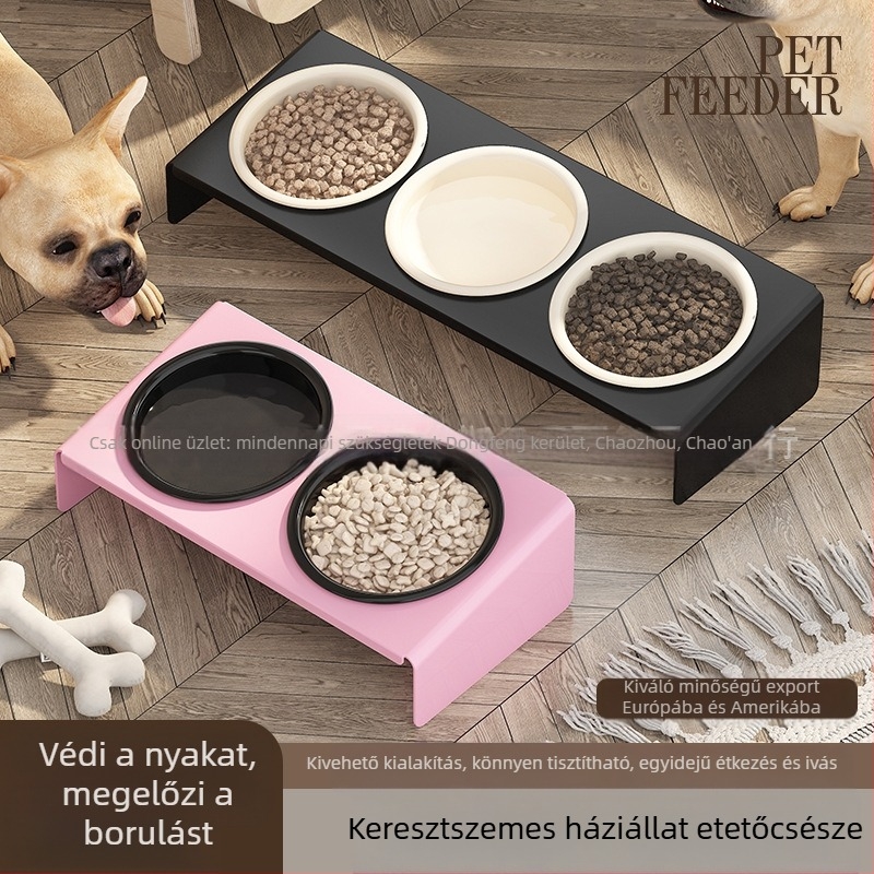 Kerámia kisállat-edény, macskaeledel, macskatál, kisállat-tál, fekete áll, kopogásgátló, ferde kisállat-nyakvédelem, evőeszközök