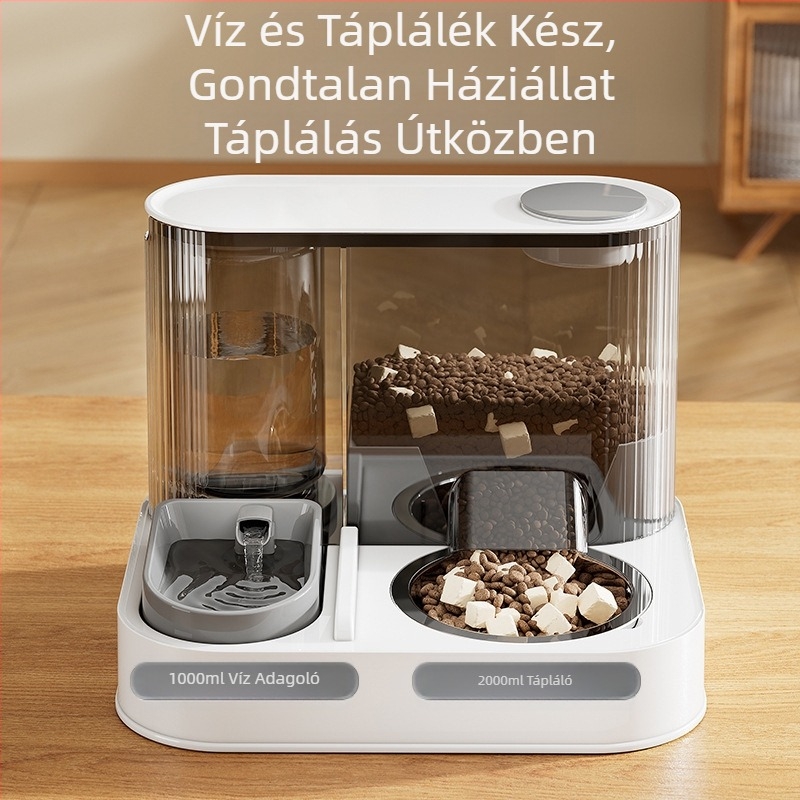 Új, automata macskaetető, itatótál, víz- és ételadagoló, integrált macskatál, vízadagoló, kettő az egyben kisállat-etetőtál